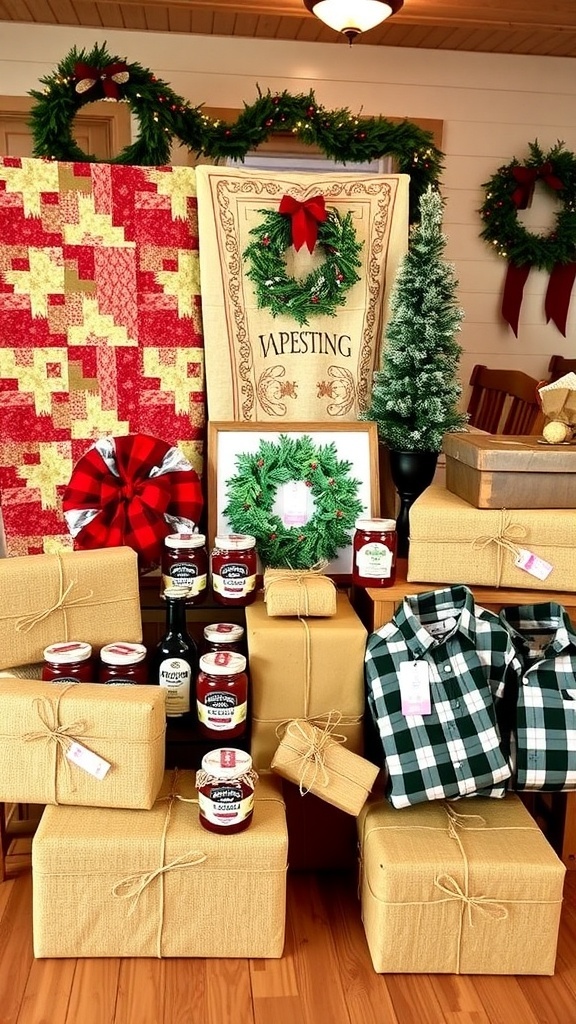 A festive arrangement of country Christmas gifts including quilts, jams, and rustic decor.